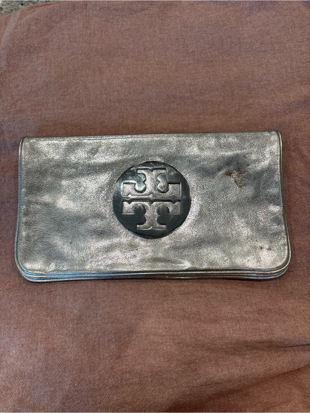 Tory Burch Silver Metallic Logo Foldover Clutch